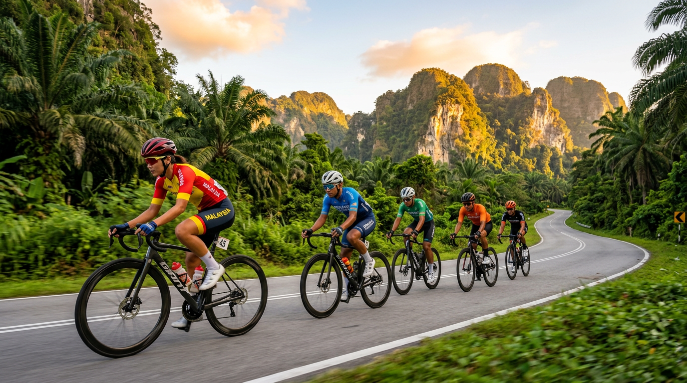Cyclists riding through Malaysia's scenic limestone karst landscape